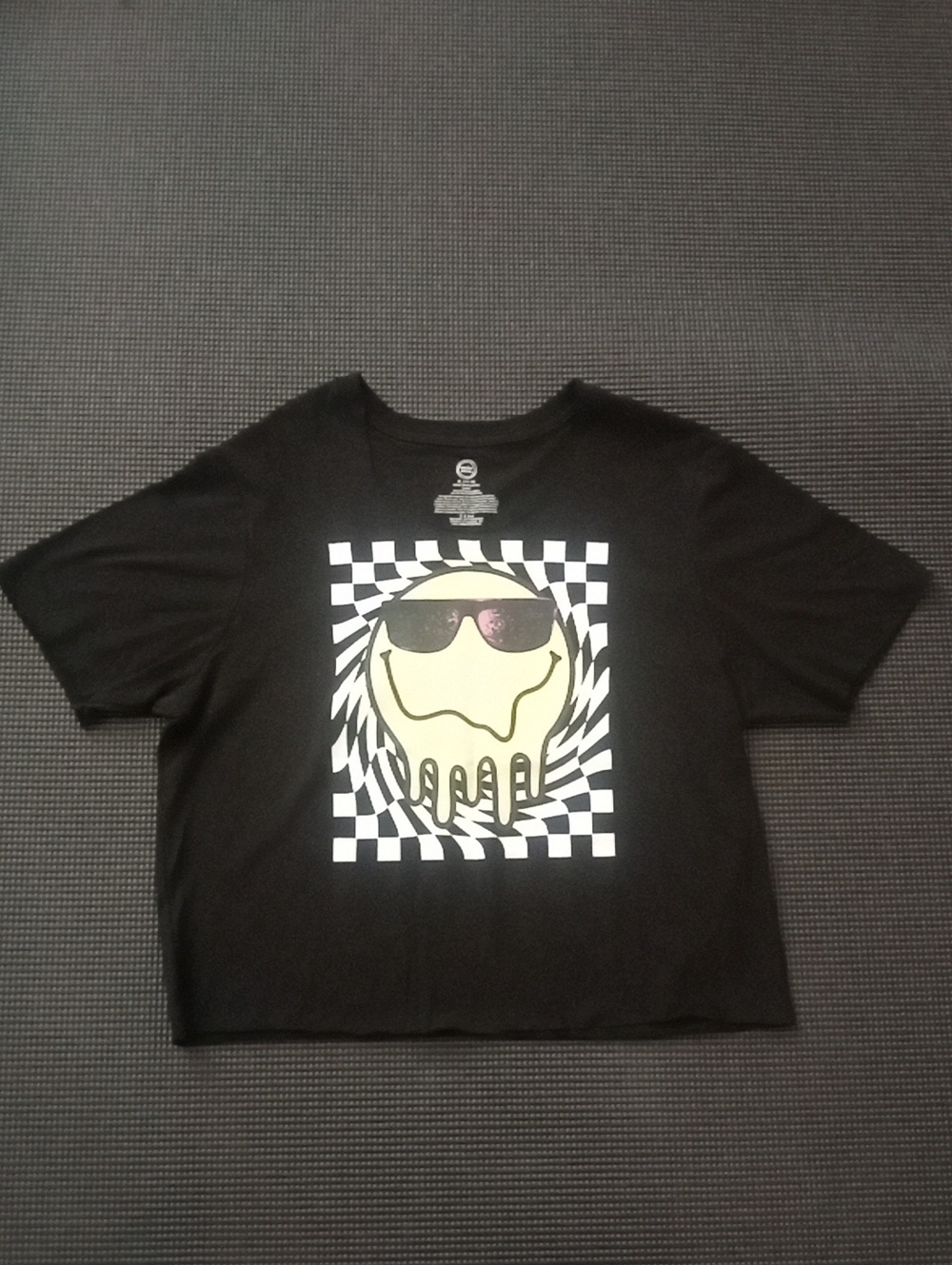 wonder nation Black Tee with Yellow Drip Smiley and Checkerboard